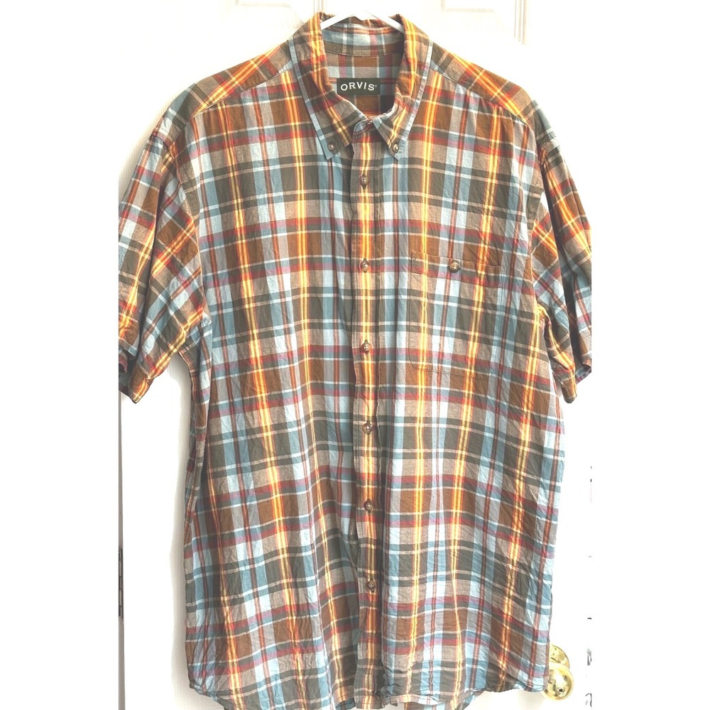Orvis Mens XL Short Sleeve Button‎ Down Shirt Plaid Cotton Multi-Color RN 70534